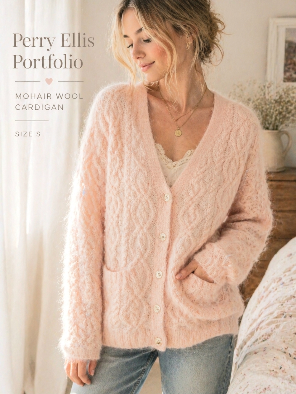 PERRY ELLIS Portfolio WOOL Mohair CARDIGAN Soft Pink Lightweight Fuzzy Sweater S